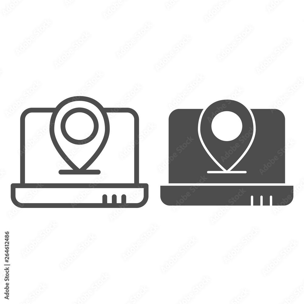 Poster location laptop line and glyph icon. notebook with pin vector illustration isolated on white. comput