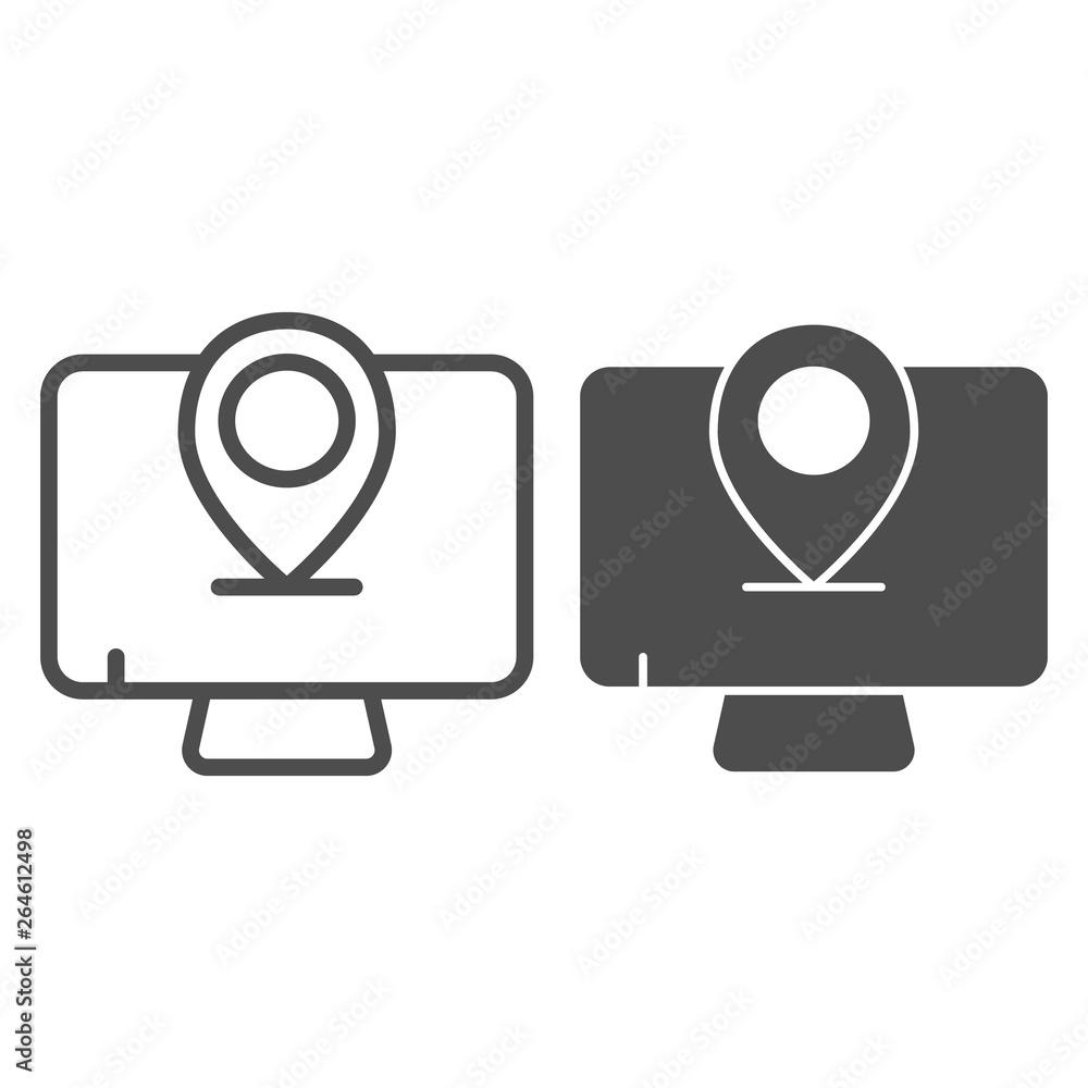 Poster monitor location line and glyph icon. screen with pin vector illustration isolated on white. compute