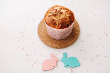 Homemade Easter cake with decorations. Easter holiday background, spring season.  top view. copy space  