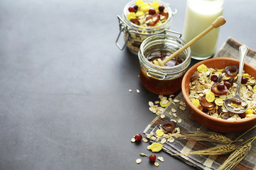 Healthy breakfast. Muesli from cereals with milk berries.