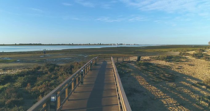 Aerial seascape of Ria Formosa wetlands natural park, panorama over Cavacos beach, Algarve. Portugal.