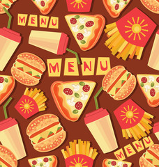 Seamless pattern with fast food. Set. burgers, pizza, sandwiches or chicken nuggets and drinks. Fast food vector menu.