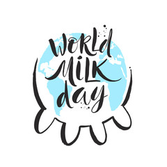 World milk day - vector illustration. Cow udder with world map silhouette and hand drawn lettering. Greeting card with brush calligraphy.