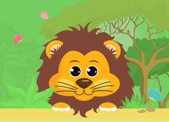 Leaflet, poster, album cover, banner, background in cartoon style with a lion on the background of nature