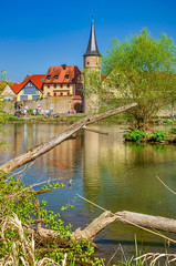Fototapeta na wymiar Maintorturm von Karlstadt am Main, Unterfranken, Bayern 