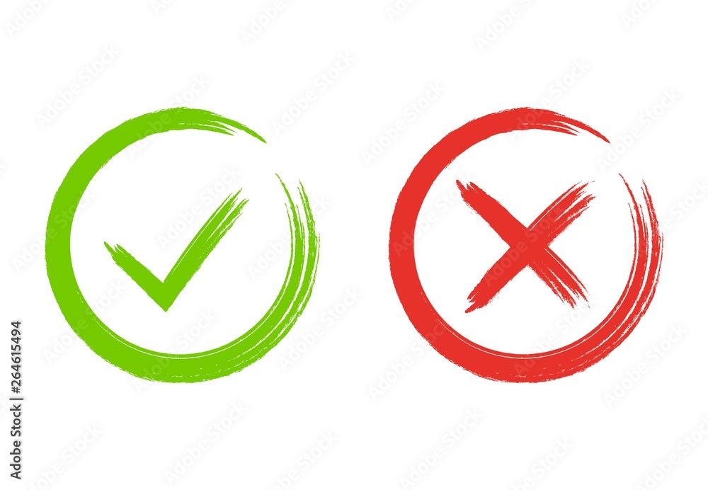 Poster grunge check marks. green tick and red cross. yes or no accept and decline symbol. buttons for vote,