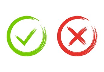Grunge check marks. Green tick and red cross. YES or NO accept and decline symbol. Buttons for vote, election choice. Painted with brush. Check mark OK and X icons.