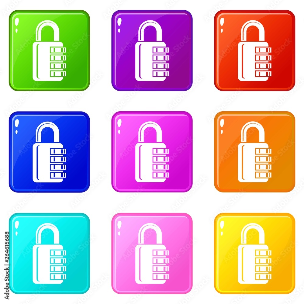 Poster combination lock icons set 9 color collection isolated on white for any design