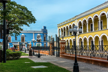 Colored buildings with colonnades  in San Francisco de Campeche, Mexico