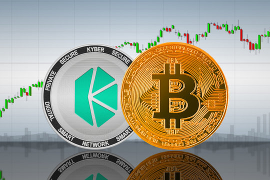 Bitcoin (BTC) and Kyber Network (KNC) coins on the background of the chart; bitcoin and kyber network cryptocurrency; crypto exchange