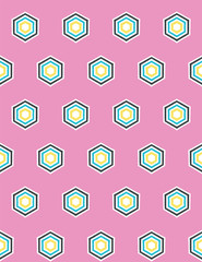 Fototapeta na wymiar Geometric retro hexagon shape seamless pattern. All over print vector background. Summer 1950s quilt tile fashion style. Trendy honeycomb wallpaper, vintage home decor. Drawn graphic textile fabric