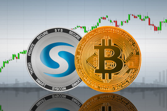 Bitcoin (BTC) and Syscoin (SYS) coins on the background of the chart; bitcoin and syscoin cryptocurrency; crypto exchange