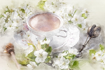 watercolor illustration of china cup of tea with flowers