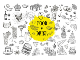 Vector set with food and drink hand drawn 
