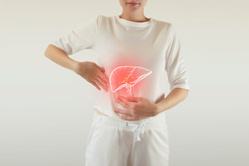 Digital composite of highlighted red painful liver of woman - obrazy, fototapety, plakaty