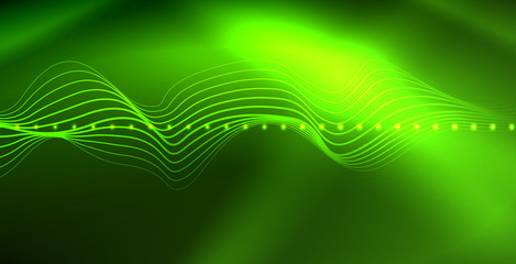 Glowing abstract wave on dark, shiny motion, magic space light. Techno abstract background