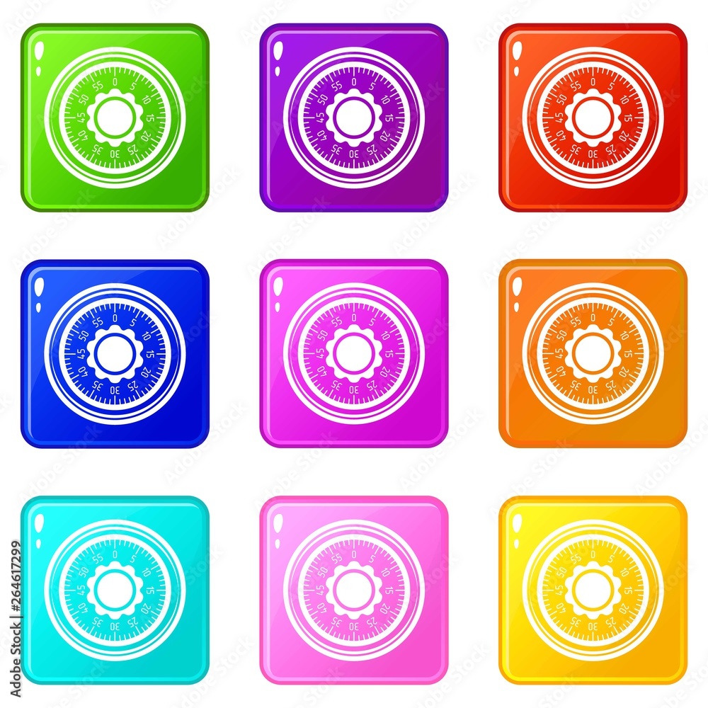 Poster lock from safe icons set 9 color collection isolated on white for any design