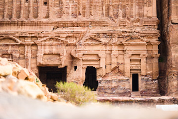 (selective focus) Amazing view of the beautiful Petra site with beautiful temples carved into the rock. Petra is a Unesco World heritage site, historical and archaeological city in southern Jordan.