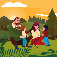 parents couple with son in the field