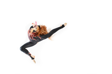 Rhythmic gymnastics. Young gymnast girl on white background