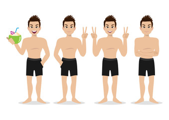 Summer season holiday. Cartoon character on the beach , Handsome man with swimming pant and activities design vector