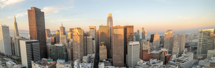 Panoramic sunset over San Francisco Downtown. High above Union Square, San Francisco, California,...