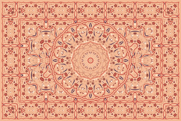 Vintage Arabic pattern. Persian colored carpet. Rich ornament for fabric design, handmade, interior decoration, textiles. Red background. - 264619607