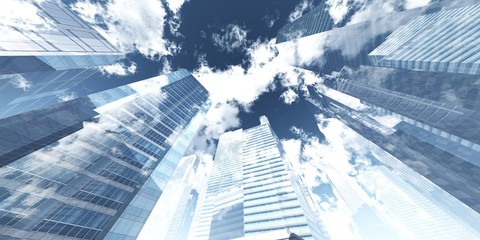 Modern skyscrapers against the sky with clouds bottom view, 3d rendering