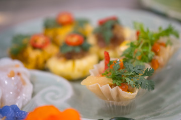 Appetizer in Thailand (Minced Chicken and Sweet Corn in Crispy Cup)