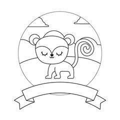 cute monkey in landscape with frame and ribbon
