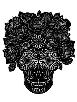 black and white illustration with a skull, a symbol of the traditional Mexican holiday Day of the dead and the Day of angels