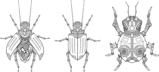 Vector drawings of mechanical beetles