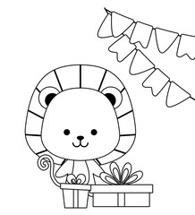 cute lion with gifts boxes and garlands hanging