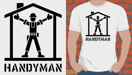 Vector. A picture of a builder who built the house with his own hands. And he admires the quality work done. Turnkey construction. One man indoors. T-shirt print.