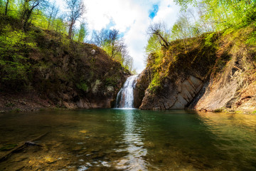 Beauty spring long exposure view on a waterfall  "jump" near the village Kaleytsa near Troyan city, Bulgaria