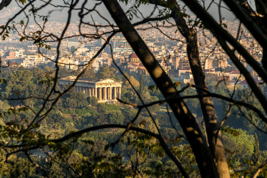 Athens, Greece. Panorama of the Ancient Agora of Athens from the Acropolis, with the Temple of Hephaestus or Hephaestion