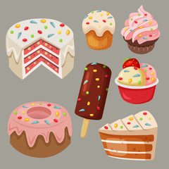 stock vector delicious sweets and cake with rainbow sprinkles