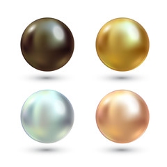 Realistic varicoloured pearls vector set. Precious pearl in sphere form. Pearl is luxury glossy stone illustration