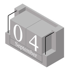 September 4th date on a single day calendar. Gray wood block calendar present date 4 and month September isolated on white background. Holiday. Season. Vector isometric illustration