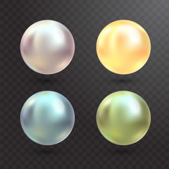 Realistic varicoloured pearls vector set on transparent background. Precious pearl in sphere form. Pearl is luxury glossy stone illustration