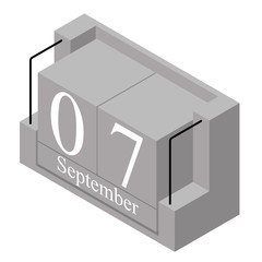 September 7th date on a single day calendar. Gray wood block calendar present date 7 and month September isolated on white background. Holiday. Season. Vector isometric illustration