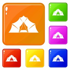 Hiking and camping tent icons set collection vector 6 color isolated on white background