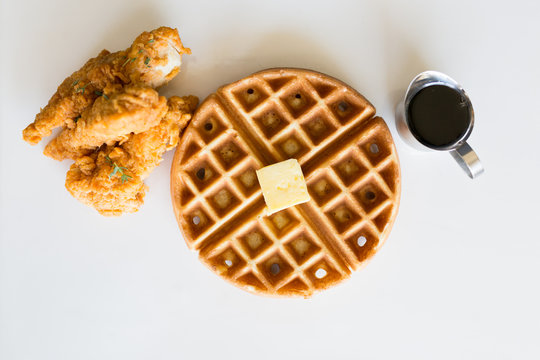 Chicken and Waffles on White Background