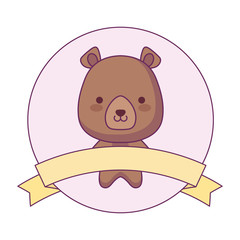 cute bear animal with ribbon in frame