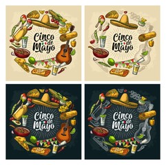 Circle shape set mexican food engraving. Cinco de Mayo lettering.