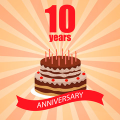 10 years anniversary celebration card with cake and ribbon