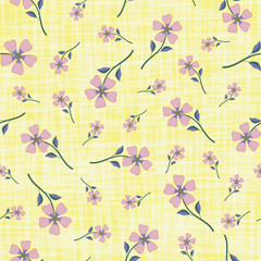 Beautiful delicate violet hand drawn flowers on textured yellow watercolor style background. Seamless vector pattern. Perfect for wellness, beauty products, wedding, baby, packaging, stationery