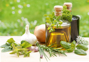 herbs with oil and vinegar, copy space