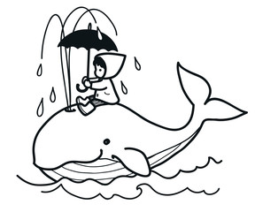 Cute whale swims in ocean spouting water, carrying on its back little girl in raincoat with umbrella vector cartoon hand drawn doodle illustration. Animals, baby and children decor, coloring book page
