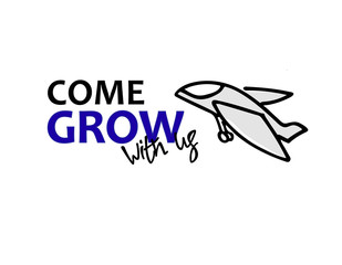 Come grow with us. Recruitment, teambuilding, personal growth concept. Cartoon-like gray plane, type and hand lettering
